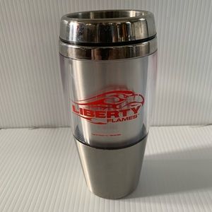 Liberty University travel coffee mug. Silver metal used good condition.